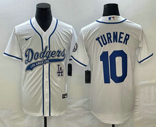 Men's Los Angeles Dodgers #10 Justin Turner White With Patch Cool Base Stitched Baseball Jersey 02