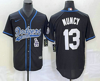 Men's Los Angeles Dodgers #13 Max Muncy Black With Patch Cool Base Stitched Baseball Jersey 02