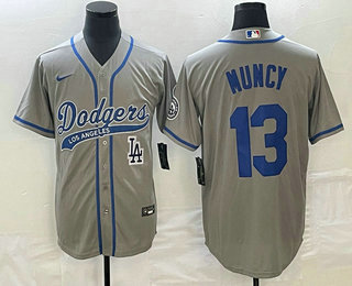 Men's Los Angeles Dodgers #13 Max Muncy Grey With Patch Cool Base Stitched Baseball Jersey 01