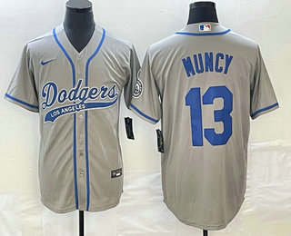 Men's Los Angeles Dodgers #13 Max Muncy Grey With Patch Cool Base Stitched Baseball Jersey 02