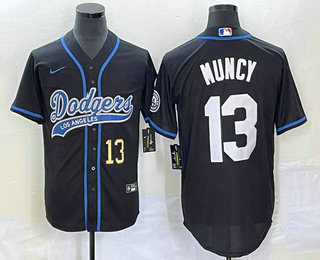 Men's Los Angeles Dodgers #13 Max Muncy Number Black With Patch Cool Base Stitched Baseball Jersey 01