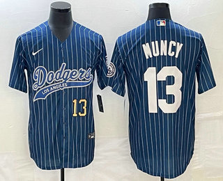 Men's Los Angeles Dodgers #13 Max Muncy Number Blue Pinstripe Cool Base Stitched Baseball Jersey