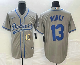 Men's Los Angeles Dodgers #13 Max Muncy Number Grey With Patch Cool Base Stitched Baseball Jersey 01