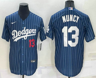 Men's Los Angeles Dodgers #13 Max Muncy Number Red Navy Blue Pinstripe Stitched MLB Cool Base Nike Jersey