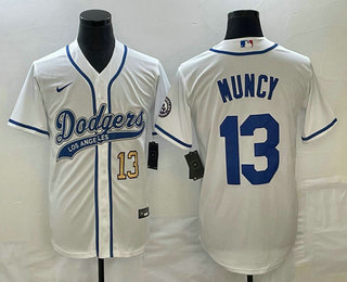 Men's Los Angeles Dodgers #13 Max Muncy Number White With Patch Cool Base Stitched Baseball Jersey 01