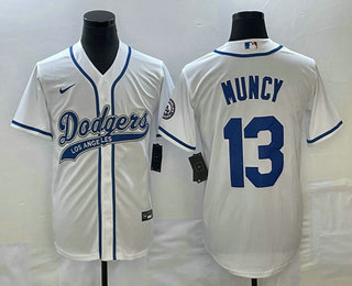 Men's Los Angeles Dodgers #13 Max Muncy White With Patch Cool Base Stitched Baseball Jersey 01