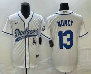 Men's Los Angeles Dodgers #13 Max Muncy White With Patch Cool Base Stitched Baseball Jersey 02