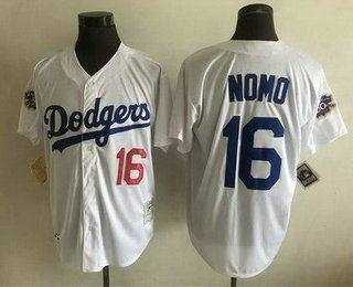 Men's Los Angeles Dodgers #16 Hideo Nomo White Throwback Jersey