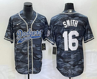 Men's Los Angeles Dodgers #16 Will Smith Gray Camo Cool Base With Patch Stitched Baseball Jersey 01