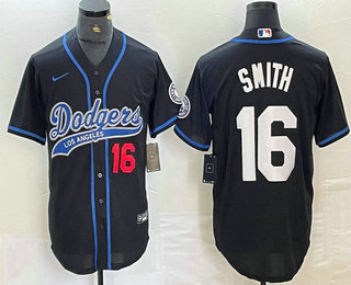 Men's Los Angeles Dodgers #16 Will Smith Number Black With Patch Cool Base Stitched Baseball Jersey