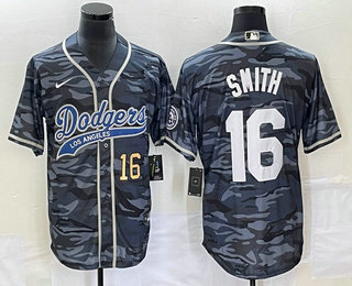 Men's Los Angeles Dodgers #16 Will Smith Number Gray Camo Cool Base With Patch Stitched Baseball Jersey 01