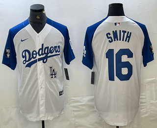 Men's Los Angeles Dodgers #16 Will Smith White Blue Fashion Stitched Cool Base Limited Jersey 12