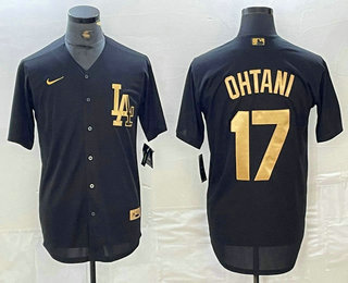 Men's Los Angeles Dodgers #17 Shohei Ohtani Black Gold Cool Base Stitched Jersey