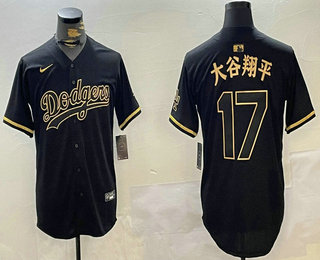 Men's Los Angeles Dodgers #17 Shohei Ohtani Black Gold Japanese Fashion Baseball Jersey