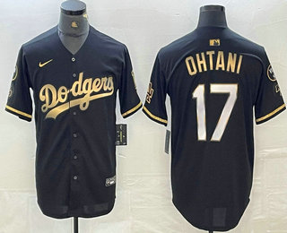 Men's Los Angeles Dodgers #17 Shohei Ohtani Black Gold Stitched Cool Base Nike Jersey 11