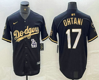 Men's Los Angeles Dodgers #17 Shohei Ohtani Black Gold Stitched Cool Base Nike Jersey 12