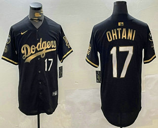 Men's Los Angeles Dodgers #17 Shohei Ohtani Black Gold Vin  Kobe Patch Limited Stitched Jersey