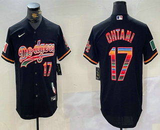 Men's Los Angeles Dodgers #17 Shohei Ohtani Black Rainbow Mexico Cool Base Stitched Jersey 11