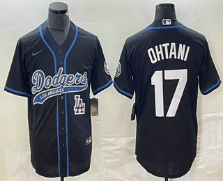 Men's Los Angeles Dodgers #17 Shohei Ohtani Black With Patch Cool Base Stitched Baseball Jersey 02