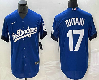 Men's Los Angeles Dodgers #17 Shohei Ohtani Blue 2021 City Connect Cool Base Stitched Jersey