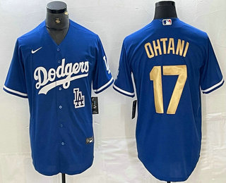 Men's Los Angeles Dodgers #17 Shohei Ohtani Blue Gold Stitched Cool Base Nike Jersey 01