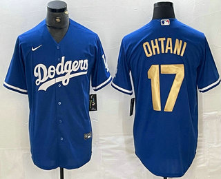 Men's Los Angeles Dodgers #17 Shohei Ohtani Blue Gold Stitched Cool Base Nike Jersey 02