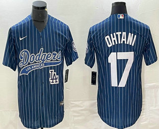 Men's Los Angeles Dodgers #17 Shohei Ohtani Blue Pinstripe Cool Base Stitched Baseball Jersey 02