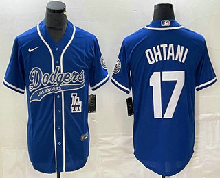 Men's Los Angeles Dodgers #17 Shohei Ohtani Blue With Patch Cool Base Stitched Baseball Jersey 02