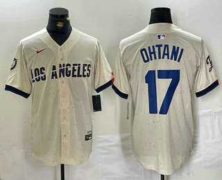 Men's Los Angeles Dodgers #17 Shohei Ohtani Cream Blue 2024 City Connect Limited Stitched Jersey