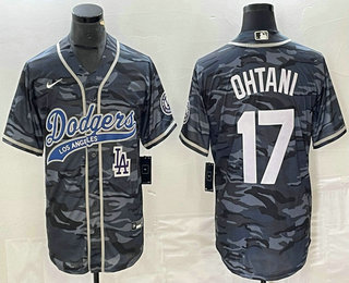 Men's Los Angeles Dodgers #17 Shohei Ohtani Grey Camo Cool Base With Patch Stitched Baseball Jersey 02