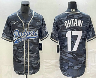 Men's Los Angeles Dodgers #17 Shohei Ohtani Grey Camo Cool Base With Patch Stitched Baseball Jersey