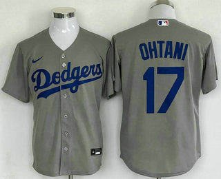 Men's Los Angeles Dodgers #17 Shohei Ohtani Grey Cool Base Stitched Jersey 11