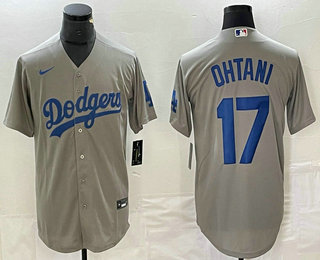 Men's Los Angeles Dodgers #17 Shohei Ohtani Grey Cool Base Stitched Jersey