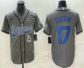 Men's Los Angeles Dodgers #17 Shohei Ohtani Grey Gridiron Cool Base Stitched Baseball Jersey 02