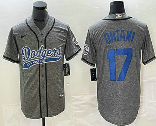 Men's Los Angeles Dodgers #17 Shohei Ohtani Grey Gridiron Cool Base Stitched Baseball Jersey