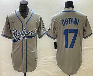 Men's Los Angeles Dodgers #17 Shohei Ohtani Grey With Patch Cool Base Stitched Baseball Jersey 11