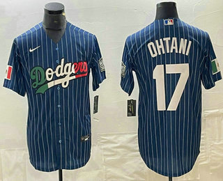 Men's Los Angeles Dodgers #17 Shohei Ohtani Navy Blue Pinstripe Mexico 2020 World Series Cool Base Nike Jersey 01