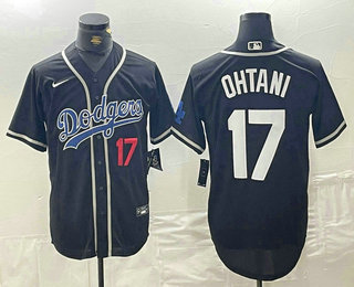 Men's Los Angeles Dodgers #17 Shohei Ohtani Number Black Blue Stitched Cool Base Nike Jersey