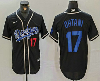 Men's Los Angeles Dodgers #17 Shohei Ohtani Number Black Cool Base With Patch Stitched Baseball Jersey