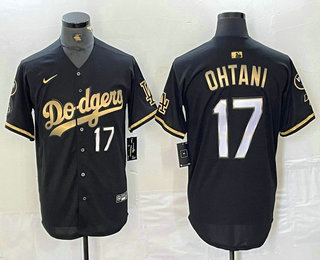 Men's Los Angeles Dodgers #17 Shohei Ohtani Number Black Gold Fashion Stitched Cool Base Limited Jersey 101