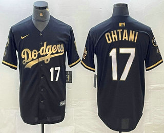 Men's Los Angeles Dodgers #17 Shohei Ohtani Number Black Gold Stitched Cool Base Nike Jersey 12