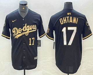 Men's Los Angeles Dodgers #17 Shohei Ohtani Number Black Gold Stitched Cool Base Nike Jersey 13