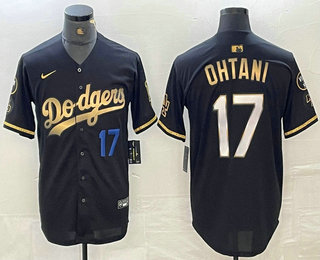 Men's Los Angeles Dodgers #17 Shohei Ohtani Number Black Gold Stitched Cool Base Nike Jersey 14