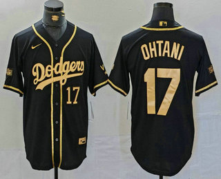 Men's Los Angeles Dodgers #17 Shohei Ohtani Number Black Gold World Series Champions Cool Base Stitched Jersey