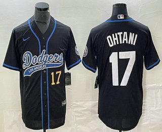 Men's Los Angeles Dodgers #17 Shohei Ohtani Number Black With Patch Cool Base Stitched Baseball Jersey