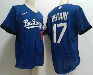 Men's Los Angeles Dodgers #17 Shohei Ohtani Number Blue 2021 City Connect Flex Base Stitched Jersey