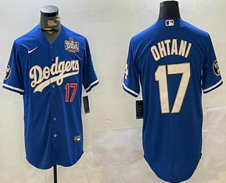 Men's Los Angeles Dodgers #17 Shohei Ohtani Number Blue Gold 2024 World Series Baseball Jersey