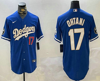 Men's Los Angeles Dodgers #17 Shohei Ohtani Number Blue Gold Fashion Baseball Jersey