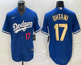 Men's Los Angeles Dodgers #17 Shohei Ohtani Number Blue Gold Stitched Cool Base Nike Jersey 01