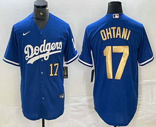 Men's Los Angeles Dodgers #17 Shohei Ohtani Number Blue Gold Stitched Cool Base Nike Jersey 02